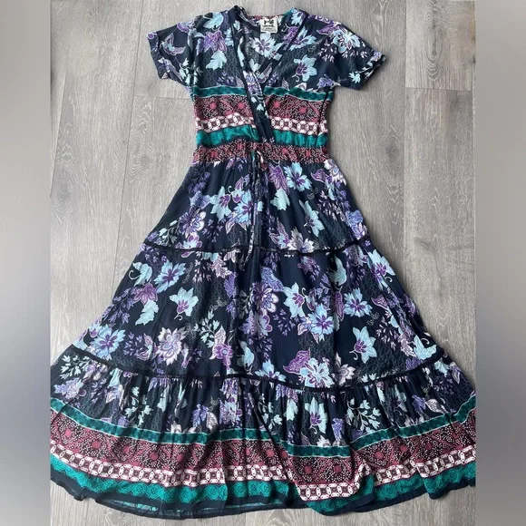 Jaase Boho Batik Style Print Tiered Maxi Dress in Navy and Lavender - Size S - Picture 1 of 12